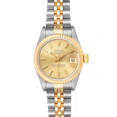 This image shows a front-facing view of a Rolex Datejust 69173 Women's Steel and Gold (two tone) Champagne Dial 69173 Women's Steel and Gold (two tone) Champagne Dial watch, displaying the dial, crown, date window, and bracelet.