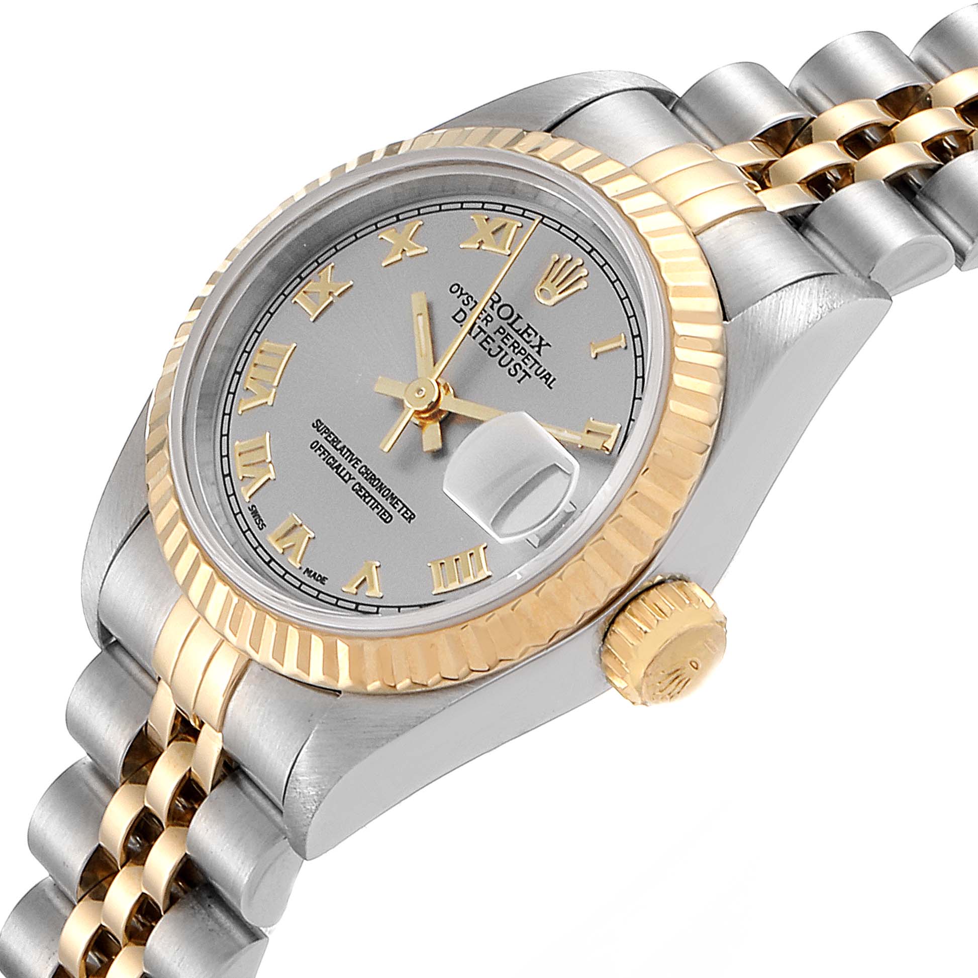 The Rolex Datejust 69173 Women's Steel and Gold (two tone) Silver Dial 69173 Women's Steel and Gold (two tone) Silver Dial watch is shown at an angled view, highlighting its gold bezel, silver dial, and two-tone bracelet.