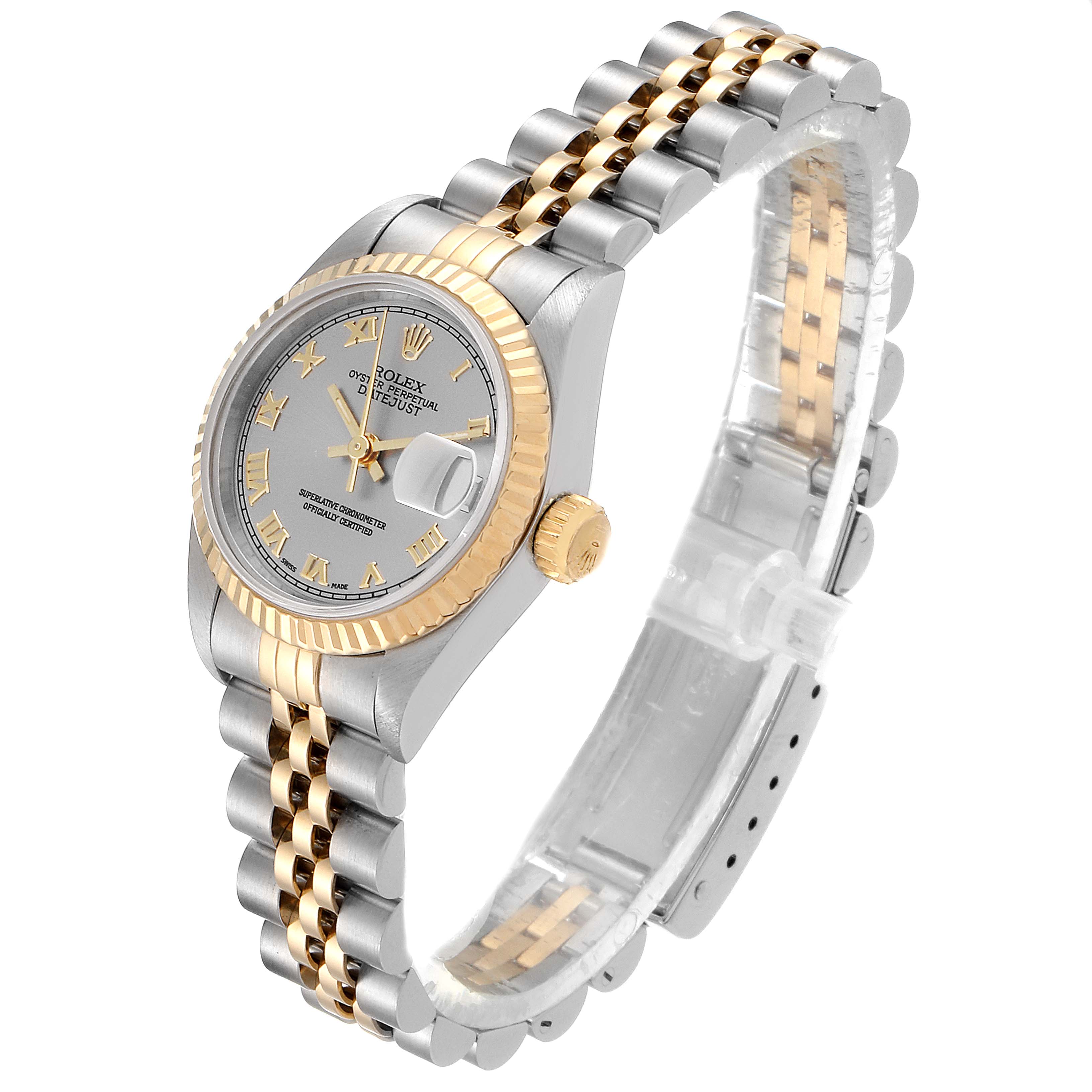 The Rolex Datejust 69173 Women's Steel and Gold (two tone) Silver Dial 69173 Women's Steel and Gold (two tone) Silver Dial watch is shown at an angled top-down perspective, displaying the dial, bezel, crown, and bracelet.