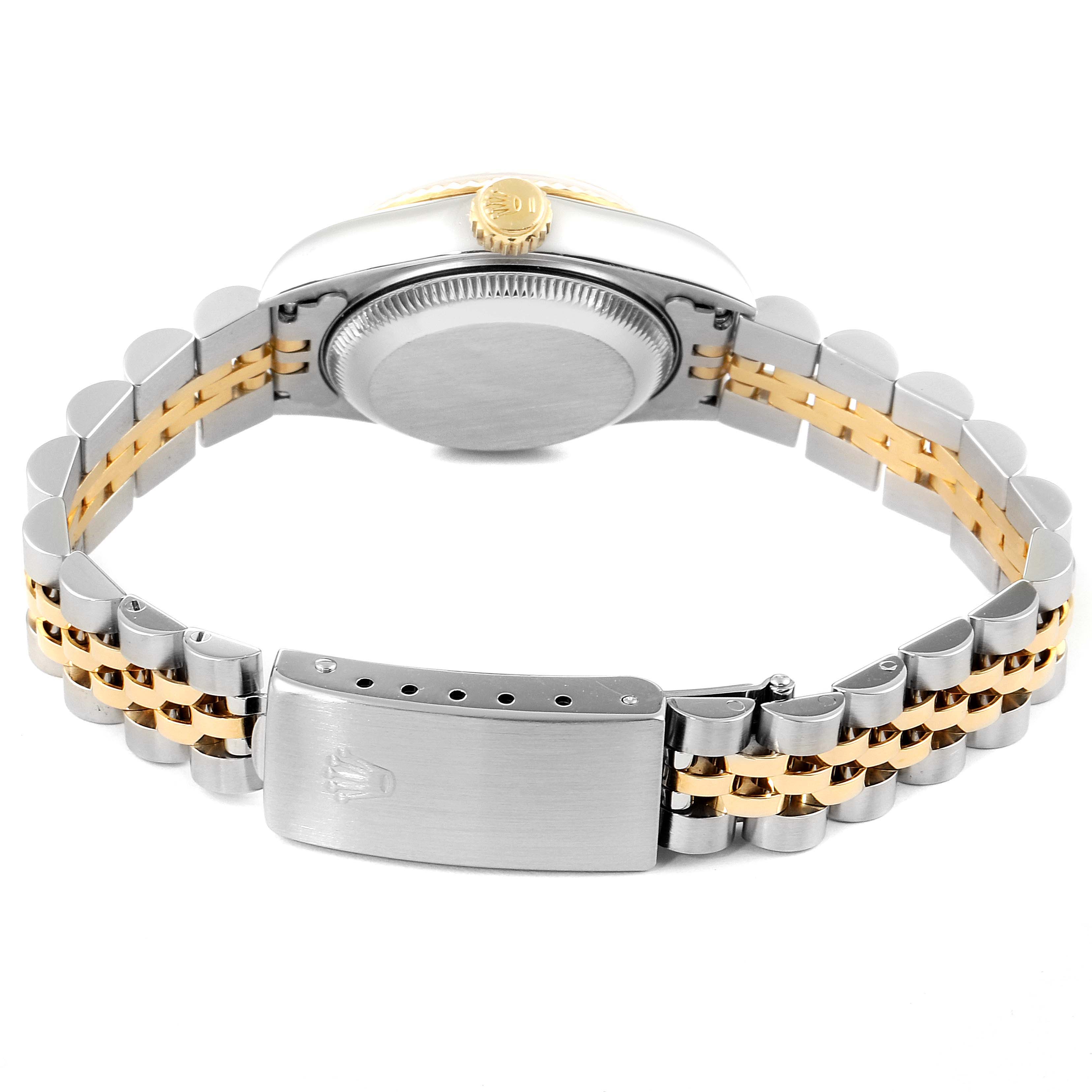 The image shows the back view of a Rolex Datejust 69173 Women's Steel and Gold (two tone) Silver Dial 69173 Women's Steel and Gold (two tone) Silver Dial watch, highlighting the case back, crown, and two-tone bracelet with clasp.