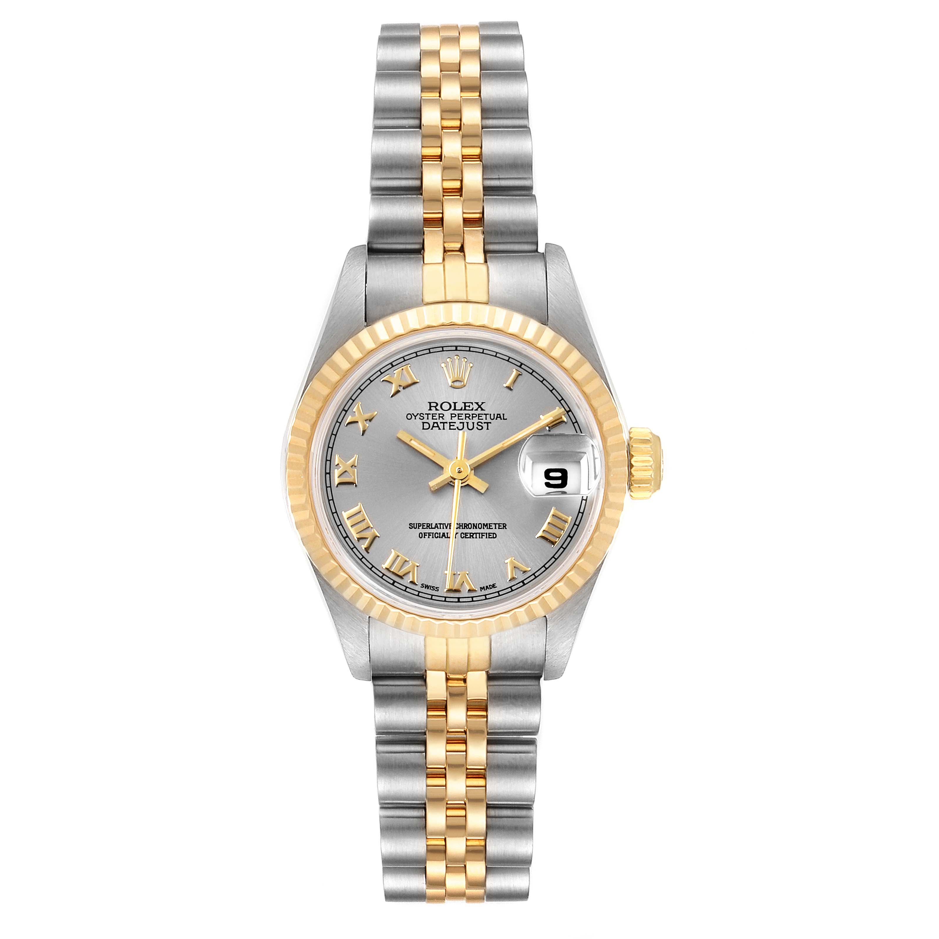 This image shows a frontal view of a Rolex Datejust 69173 Women's Steel and Gold (two tone) Silver Dial 69173 Women's Steel and Gold (two tone) Silver Dial model, featuring the dial, bezel, bracelet, and date indicator.