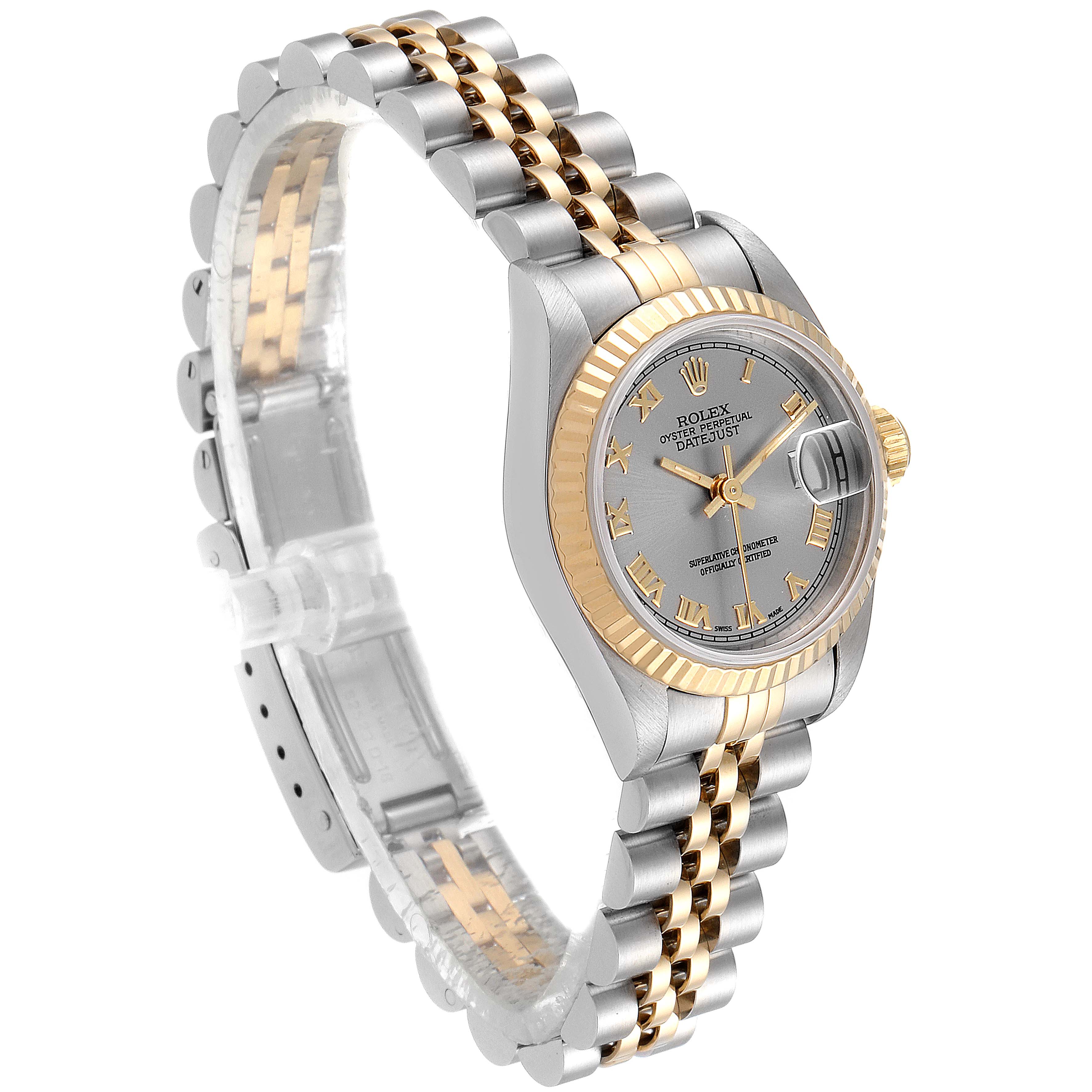 This image shows a side angle of a Rolex Datejust 69173 Women's Steel and Gold (two tone) Silver Dial 69173 Women's Steel and Gold (two tone) Silver Dial watch, highlighting its gold and silver metal band, bezel, and dial.