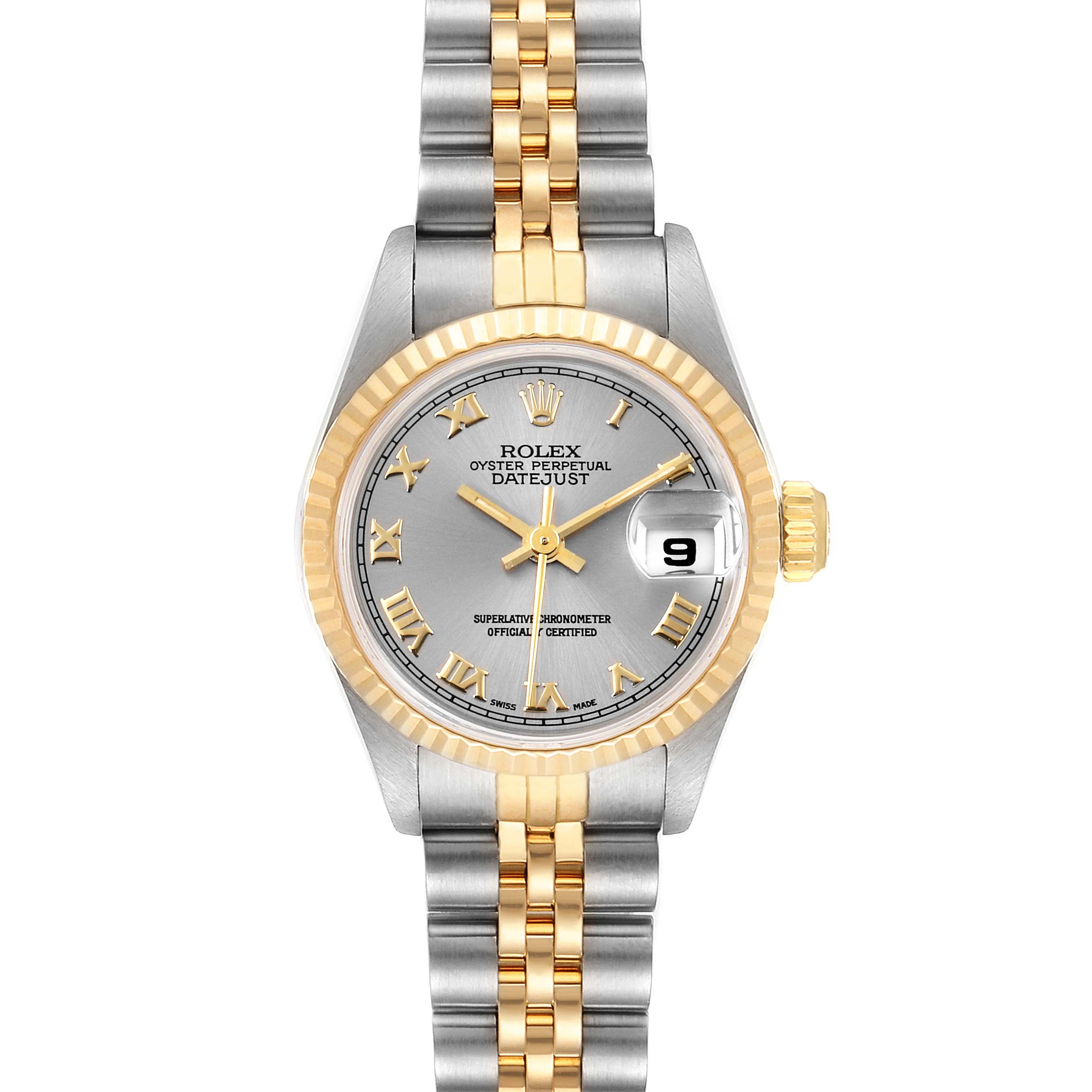 The image shows a front view of a Rolex Datejust 69173 Women's Steel and Gold (two tone) Silver Dial 69173 Women's Steel and Gold (two tone) Silver Dial watch, displaying its gold and silver bracelet, dial, hands, date indicator, and fluted bezel.