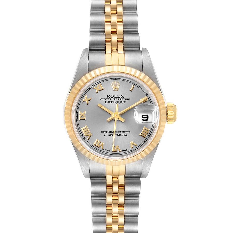 The image shows a front view of a Rolex Datejust 69173 Women's Steel and Gold (two tone) Silver Dial 69173 Women's Steel and Gold (two tone) Silver Dial watch, displaying its gold and silver bracelet, dial, hands, date indicator, and fluted bezel.