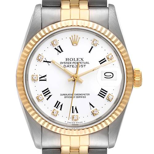 This image shows a frontal view of the Rolex Vintage Collection 16013 Men's Steel and Gold (two tone) White Dial 16013 Men's Steel and Gold (two tone) White Dial Oyster Perpetual Datejust, displaying the dial, bezel, and bracelet.