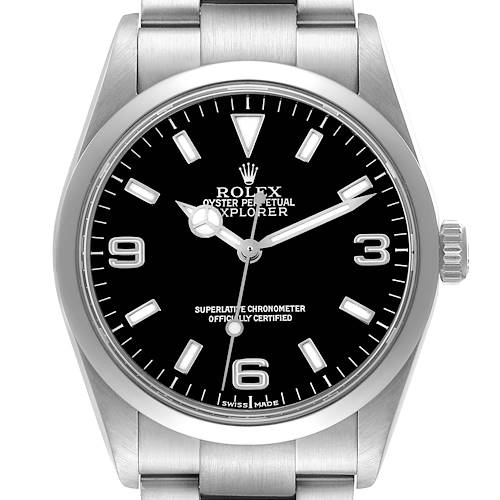 The Rolex Explorer 114270 Men's Stainless Steel Black Dial 114270 Men's Stainless Steel Black Dial watch is shown from the front, highlighting its dial, hands, bezel, and part of the bracelet.