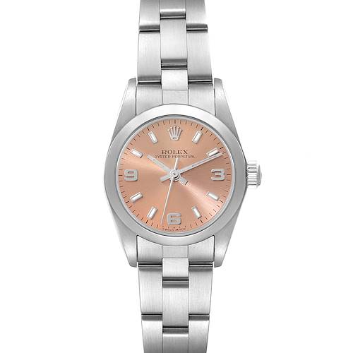 The image shows a Rolex Oyster Perpetual 76080 Women's Stainless Steel Orange Dial 76080 Women's Stainless Steel Orange Dial watch from a top-down angle, highlighting its dial and bracelet.