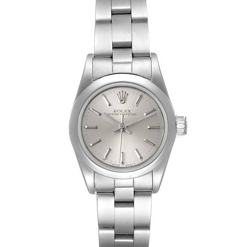 This image shows a front view of a Rolex Oyster Perpetual 67230 Women's Stainless Steel Silver Dial 67230 Women's Stainless Steel Silver Dial watch with its bracelet.