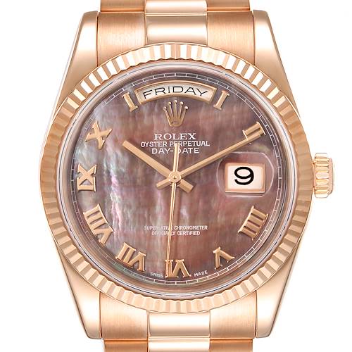 The image shows a close-up front view of the Rolex President 118235 Men's Rose Gold Mother of Pearl Dial 118235 Men's Rose Gold Mother of Pearl Dial Day-Date watch, highlighting its dial, bezel, and bracelet.