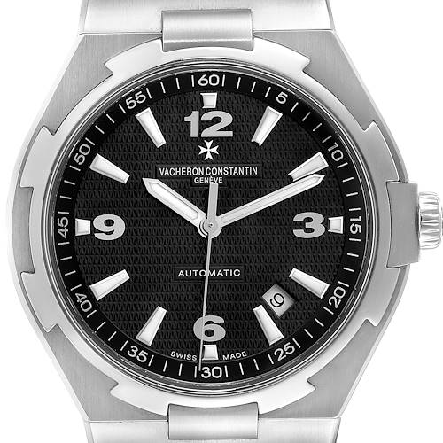 The image shows a front view of the Vacheron Constantin Overseas 47040/B01A-9094 Men's Stainless Steel Black Dial 47040/B01A-9094 Men's Stainless Steel Black Dial model watch, highlighting its black dial and silver bezel.