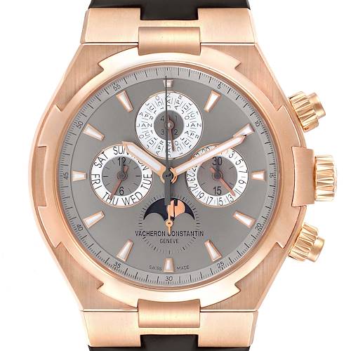 The image shows a front view of the Vacheron Constantin Overseas 49020/000R-9753 Men's Rose Gold Brown Dial 49020/000R-9753 Men's Rose Gold Brown Dial watch, displaying its face, subdials, and pushers.