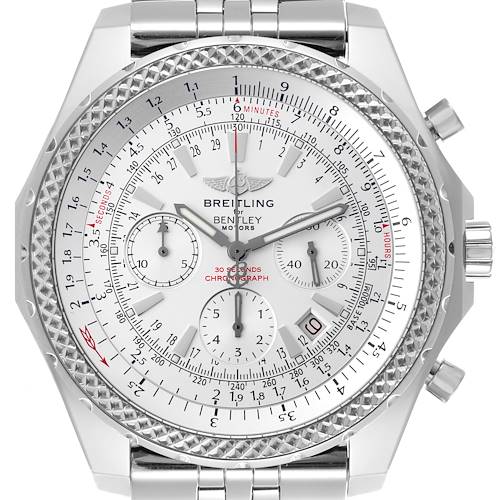 The Breitling Bentley A25362 Men's Stainless Steel Silver Dial A25362 Men's Stainless Steel Silver Dial watch is shown from a front angle, displaying its dial, bezel, and part of the strap.