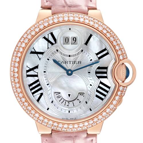 This image shows a close-up of the Cartier Ballon Bleu WE902018 Women's Rose Gold Mother of Pearl Dial WE902018 Women's Rose Gold Mother of Pearl Dial watch face, highlighting the dial, Roman numerals, and diamond-studded bezel.