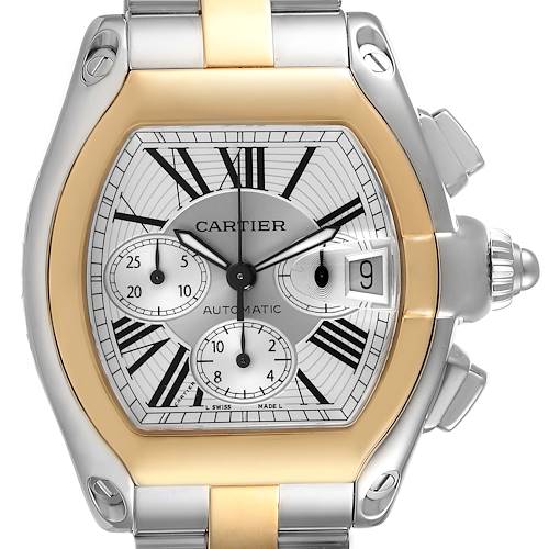 The Cartier Roadster W62027Z1 Men's Steel and Gold (two tone) Silver Dial W62027Z1 Men's Steel and Gold (two tone) Silver Dial watch is shown from the front, displaying the dial, subdials, Roman numerals, and the crown.