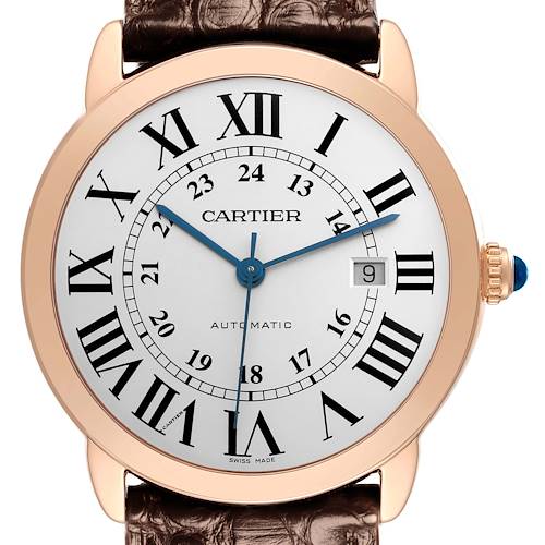 The Cartier Ronde W6701009 Men's Steel and Gold (two tone) Silver Dial W6701009 Men's Steel and Gold (two tone) Silver Dial watch is shown from a front angle, displaying the dial, Roman numerals, hands, and crown.