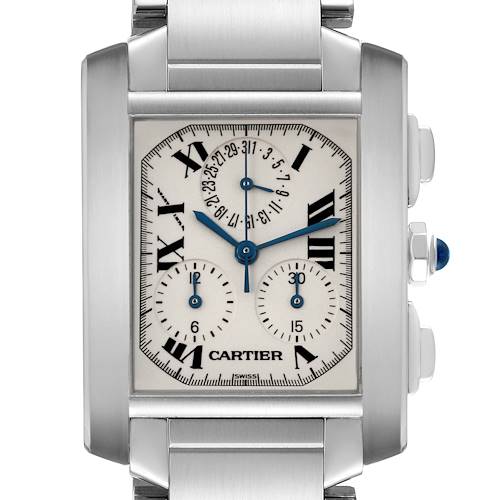 The Cartier Tank Francaise W51001Q3 Men's Stainless Steel Silver Dial W51001Q3 Men's Stainless Steel Silver Dial watch is shown from the front, highlighting the dial, Roman numerals, and side pushers.