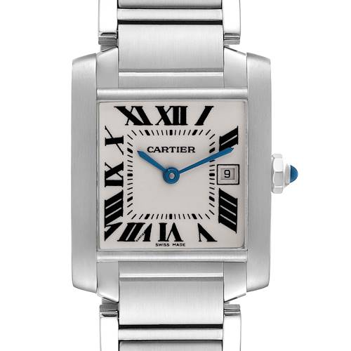 The image shows a front view of the Cartier Tank Francaise W51011Q3 Women's Stainless Steel Silver Dial W51011Q3 Women's Stainless Steel Silver Dial watch, highlighting its rectangular face, Roman numerals, and metal bracelet.