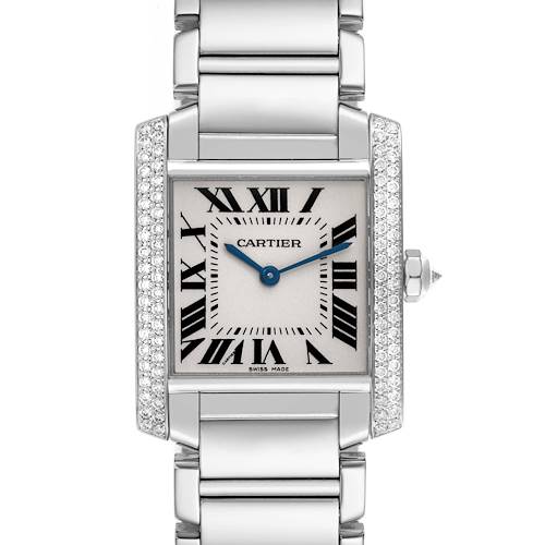 The Cartier Tank Francaise WE1009S3 Women's White Gold Silver Dial watch is shown from a frontal angle, highlighting its rectangular face, Roman numerals, diamond-set bezel, and metal bracelet.