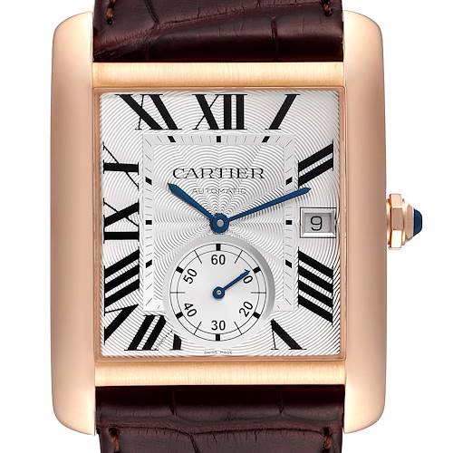The image shows a close-up, front view of the Cartier Tank MC W5330001 Men's Rose Gold Silver Dial W5330001 Men's Rose Gold Silver Dial watch, highlighting its face, hands, and strap ends.