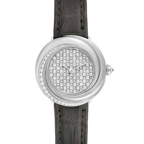 Shown is a front view of the Cartier Trinity 2444 Women's White Gold Silver Dial 2444 Women's White Gold Silver Dial model watch, featuring a diamond-encrusted dial and a black leather strap.