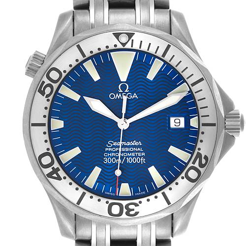 The Omega Seamaster 2231.80.00 Men's Titanium Blue Dial 2231.80.00 Men's Titanium Blue Dial watch is shown from the front, highlighting its blue dial, bezel, and bracelet.