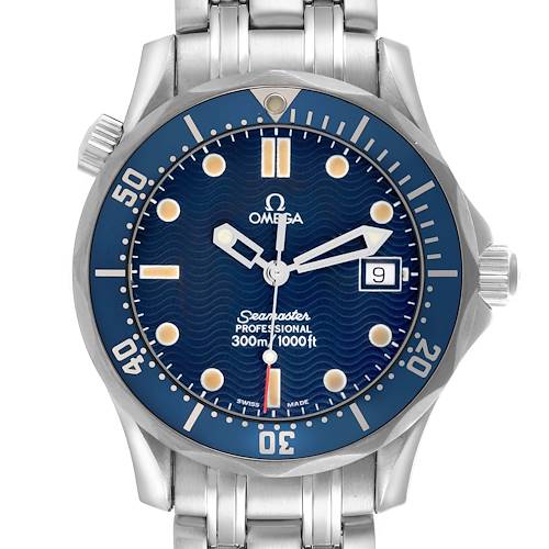The Omega Seamaster 2561.80.00 Men's Stainless Steel Blue Dial 2561.80.00 Men's Stainless Steel Blue Dial watch is shown from the front, highlighting its blue dial, bezel, hands, date window, and metal bracelet.