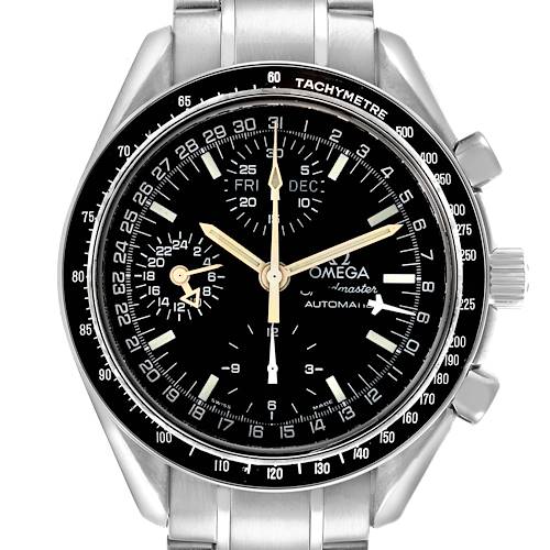 The Omega Speedmaster 3520.50.00 Men's Stainless Steel Black Dial 3520.50.00 Men's Stainless Steel Black Dial watch is shown front-facing, displaying the dial, sub-dials, tachymeter bezel, and part of the bracelet.