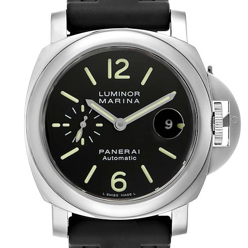 The image shows a Panerai Luminor PAM00104 Men's Stainless Steel Black Dial PAM00104 Men's Stainless Steel Black Dial Marina watch from a front angle, highlighting the dial, hour markers, and crown guard.