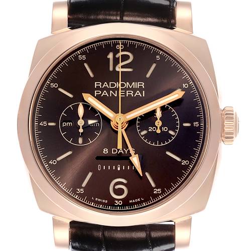 The image shows a frontal view of a Panerai Radiomir PAM00502 Men's Rose Gold Brown Dial PAM00502 Men's Rose Gold Brown Dial Luminor watch, highlighting its face, dial, hands, and crown.