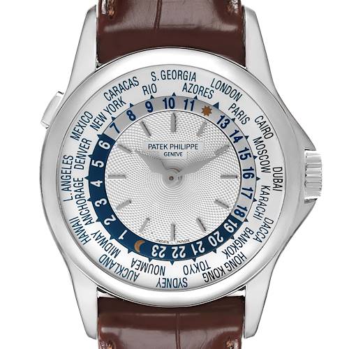 The Patek Philippe Complications 5110G-001 Men's White Gold Silver Dial 5110G-001 Men's White Gold Silver Dial watch is shown from a top angle, displaying the dial and bezel with city names and time indicators.
