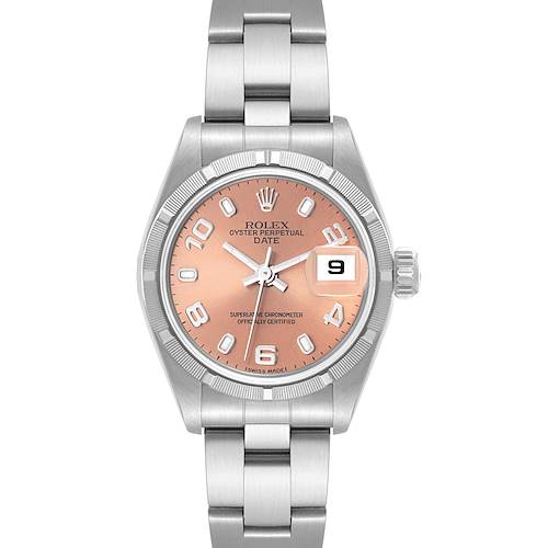 The image shows a front view of a Rolex Date 79190 Women's Stainless Steel Pink Dial 79190 Women's Stainless Steel Pink Dial model watch, featuring its dial, bezel, and stainless steel bracelet.