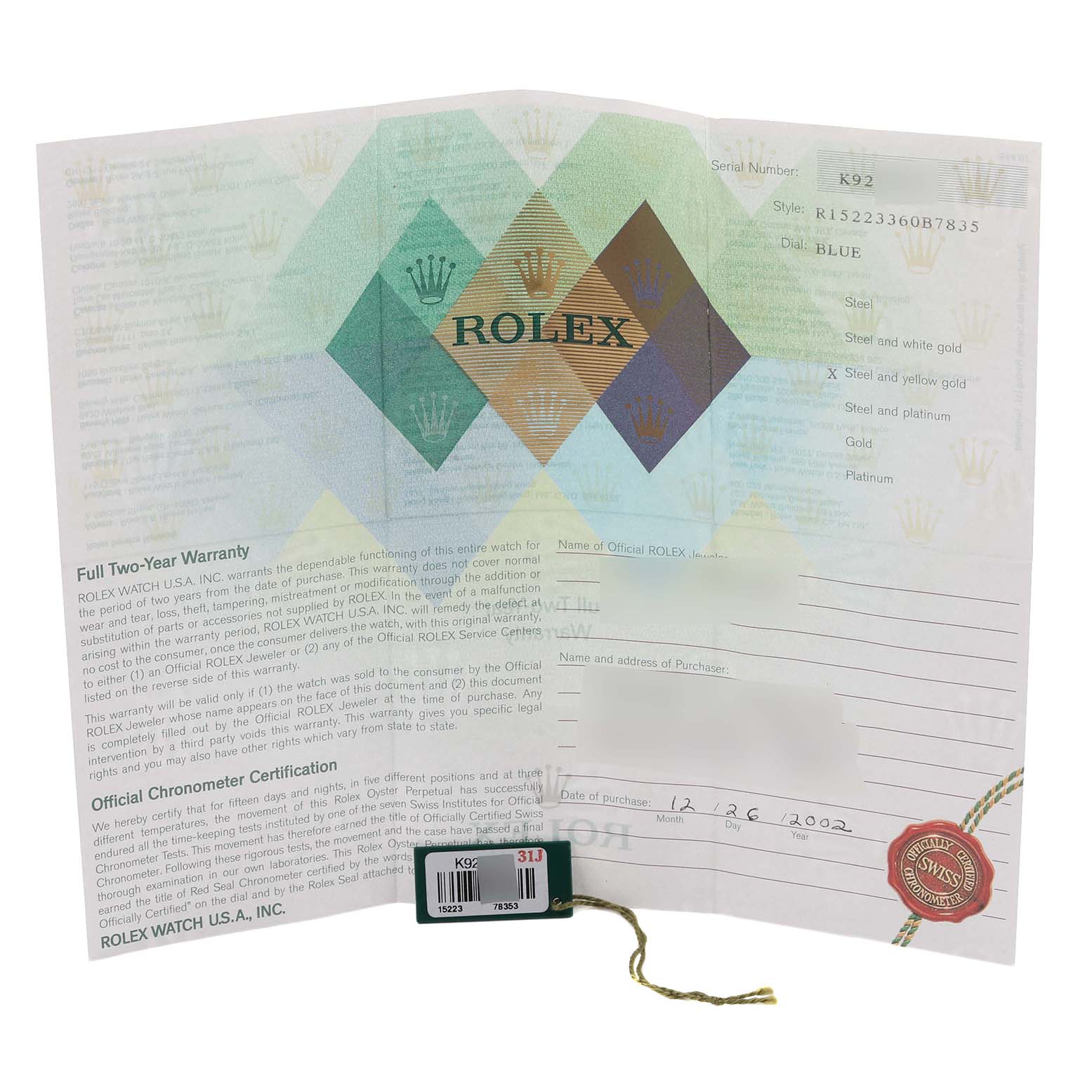 The image shows a warranty and certification for a Rolex Date 15223 Men's Steel and Gold (two tone) Blue Dial 15223 Men's Steel and Gold (two tone) Blue Dial model watch.