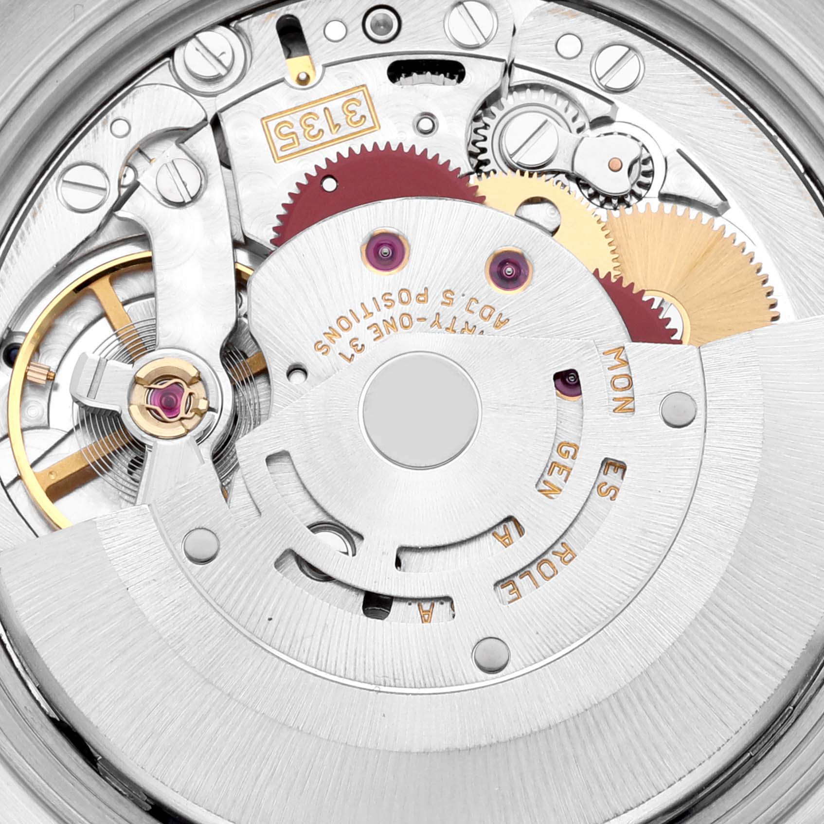 The image shows the movement of a Rolex Date 15223 Men's Steel and Gold (two tone) Blue Dial 15223 Men's Steel and Gold (two tone) Blue Dial model with visible gears and intricate mechanical components.