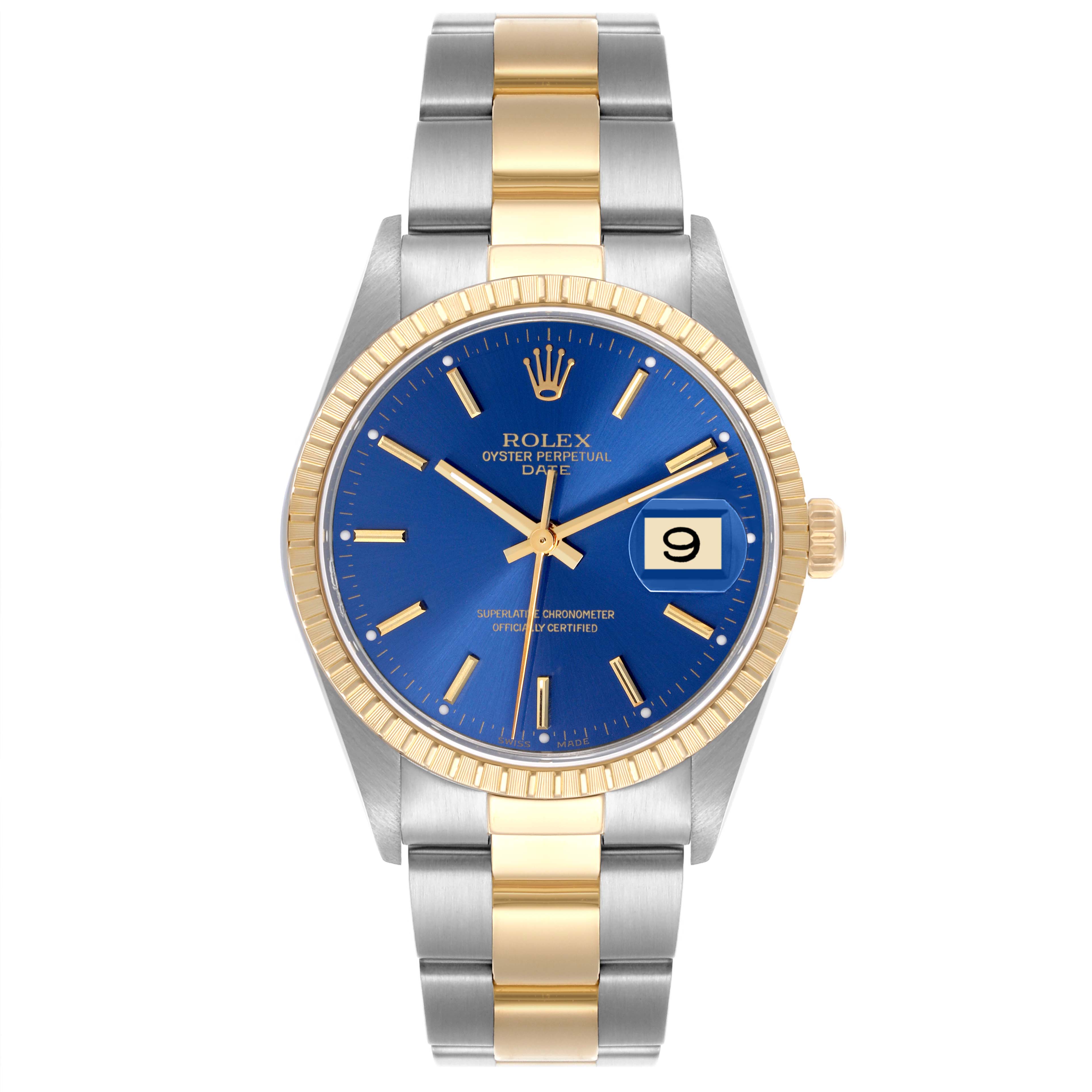 The Rolex Date 15223 Men's Steel and Gold (two tone) Blue Dial 15223 Men's Steel and Gold (two tone) Blue Dial watch is shown from the front, displaying the blue dial, fluted bezel, and two-tone bracelet.