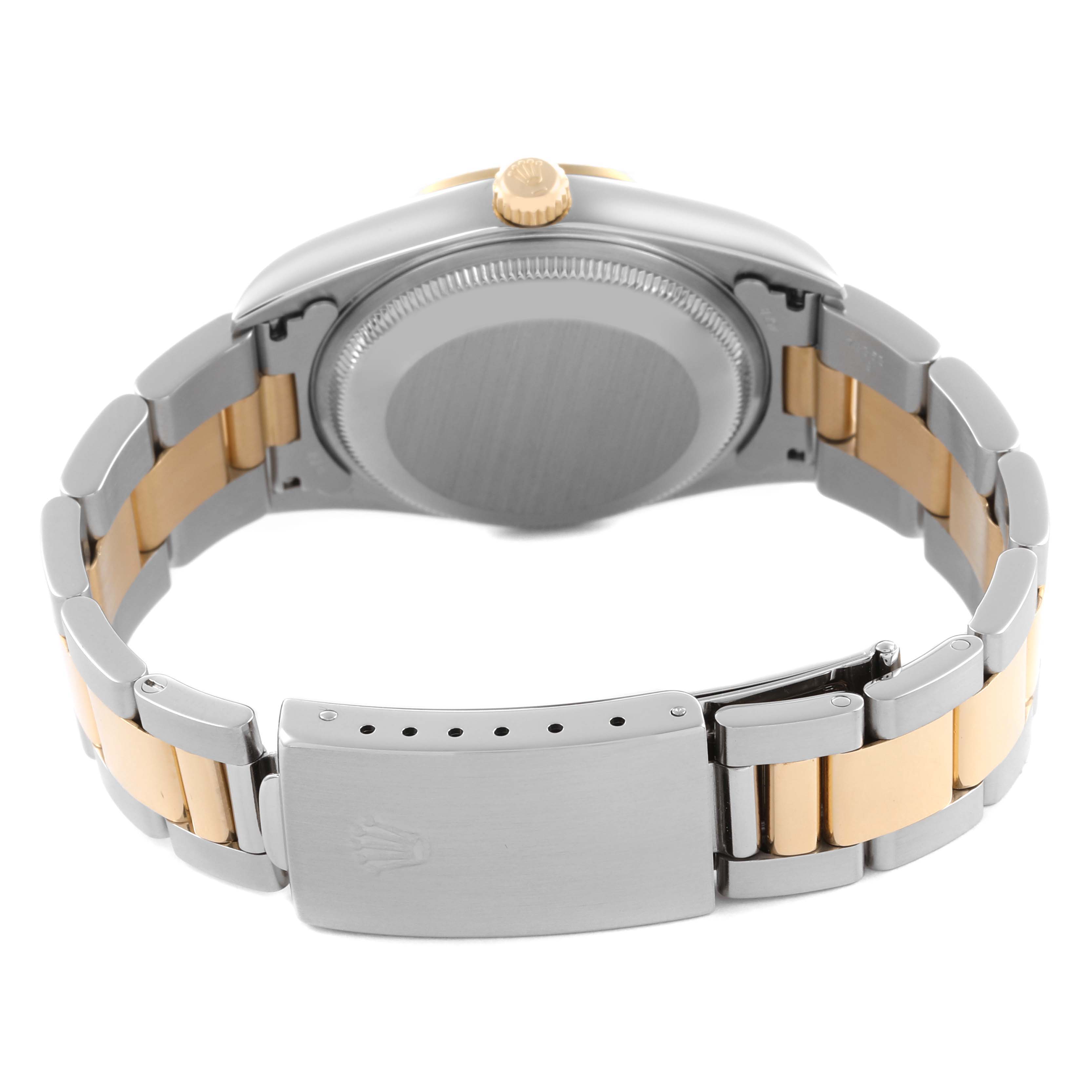 The image shows the back and bracelet of the Rolex Date 15223 Men's Steel and Gold (two tone) Blue Dial 15223 Men's Steel and Gold (two tone) Blue Dial, highlighting the two-tone band and clasp.