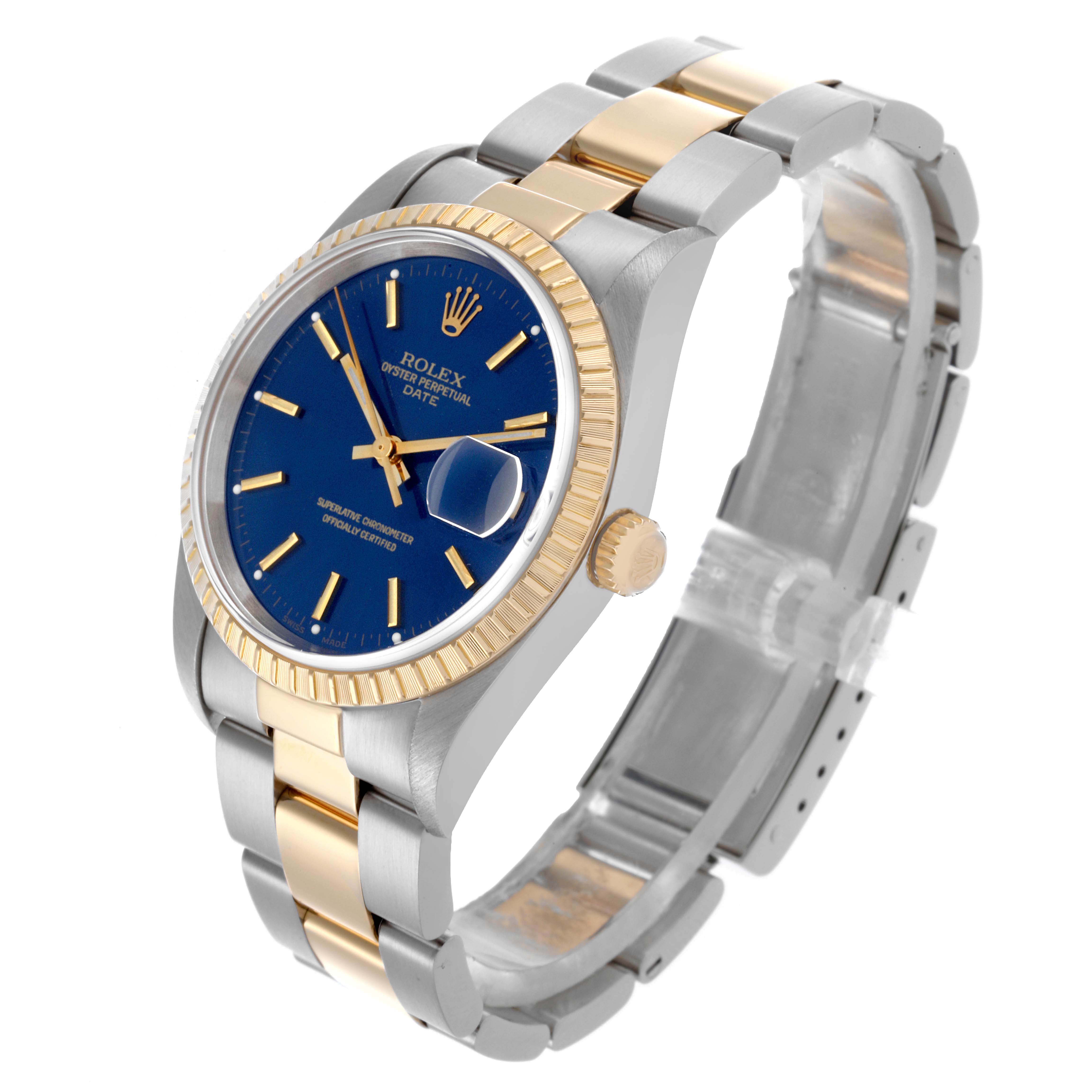 The Rolex Date 15223 Men's Steel and Gold (two tone) Blue Dial 15223 Men's Steel and Gold (two tone) Blue Dial model is shown at an angled view, highlighting the blue dial, fluted bezel, and two-tone bracelet.