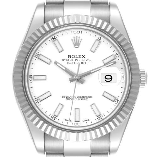 The Rolex Datejust 41 116334 Men's Stainless Steel White Dial 116334 Men's Stainless Steel White Dial watch is shown from the front, highlighting the dial, bezel, and part of the bracelet.