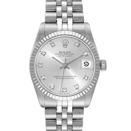 A front view of the Rolex Mid-Size 68274 Women's Stainless Steel Silver Dial 68274 Women's Stainless Steel Silver Dial Oyster Perpetual Datejust shows the face, bezel, crown, and part of the bracelet.