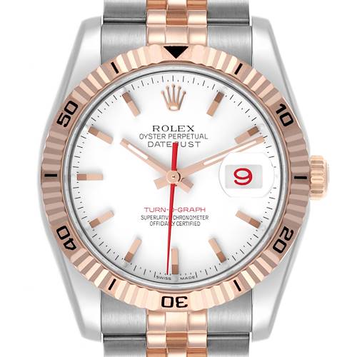 The Rolex Turn-o-Graph 116261 Men's Steel and Gold (two tone) White Dial 116261 Men's Steel and Gold (two tone) White Dial watch is shown from a front angle, highlighting the dial, hands, bezel, and part of the bracelet.