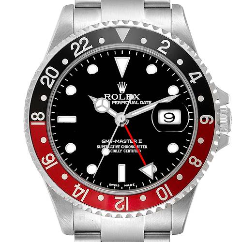 The Rolex GMT-Master 16710 Men's Stainless Steel Black Dial 16710 Men's Stainless Steel Black Dial watch is shown from the front, highlighting the bezel, dial, and date magnifier.
