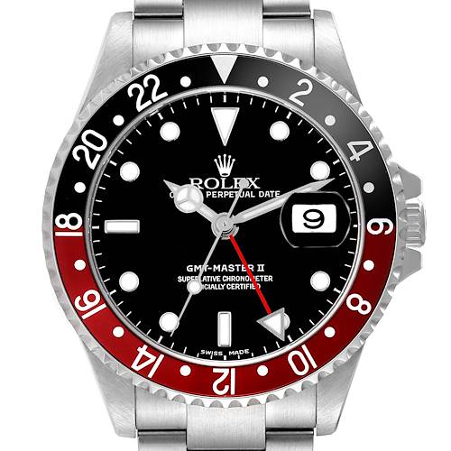 The Rolex GMT-Master 16710 Men's Stainless Steel Black Dial 16710 Men's Stainless Steel Black Dial II watch is shown from the front, displaying the bezel, dial, hands, date, and part of the bracelet.