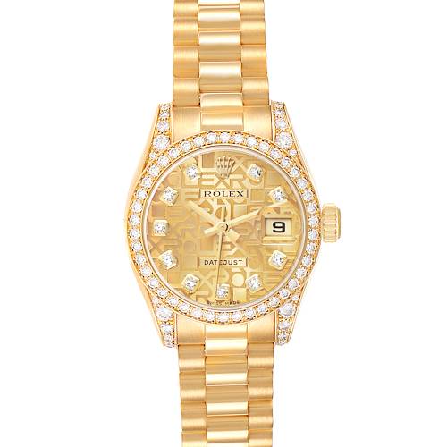 The image shows a Rolex President 179158 Women's Yellow Gold Champagne Dial 179158 Women's Yellow Gold Champagne Dial model watch with a frontal view, highlighting the diamond-studded bezel and bracelet.