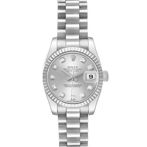 The image shows a front view of the Rolex President 179179 Women's White Gold Silver Dial 179179 Women's White Gold Silver Dial model watch with its dial, hour markers, hands, date window, and bracelet visible.