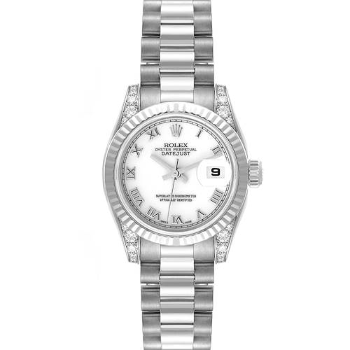 The Rolex President 179239 Women's White Gold White Dial 179239 Women's White Gold White Dial model watch is shown from the front, featuring a fluted bezel and a white dial with Roman numerals.