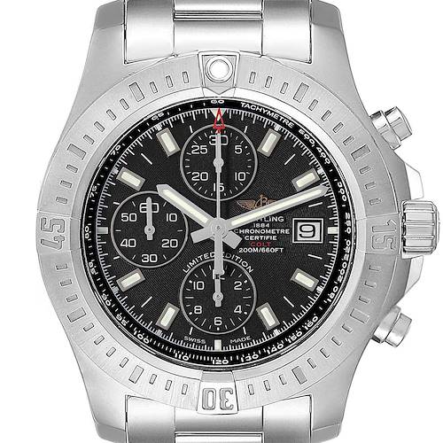 The image shows a front view of the Breitling Colt A133884Y/BE68 Men's Stainless Steel Black Dial A133884Y/BE68 Men's Stainless Steel Black Dial model watch, highlighting the black dial, chronograph subdials, and date display.