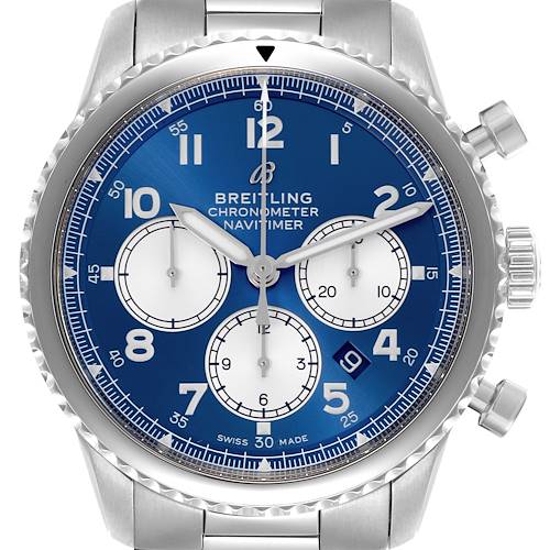 The Breitling Navitimer AB0117 Men's Stainless Steel Blue Dial AB0117 Men's Stainless Steel Blue Dial watch is shown from a front angle highlighting the dial, chronograph subdials, and silver case.