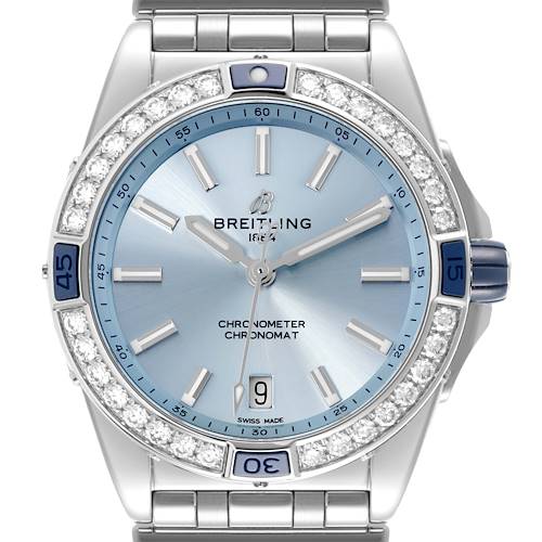 The Breitling A17356 Women's Stainless Steel Blue Dial A17356 Women's Stainless Steel Blue Dial Super Chronomat shows a front view, highlighting the blue dial, diamond bezel, and steel bracelet.