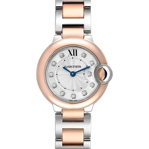 The image shows a frontal view of a Cartier Ballon Bleu W3BB0005 Women's Steel and Gold (two tone) Silver Dial W3BB0005 Women's Steel and Gold (two tone) Silver Dial watch, highlighting the face and part of the bracelet.