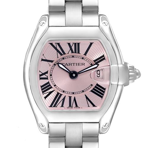 The image shows a Cartier Roadster W62017V3 Women's Stainless Steel Pink Dial W62017V3 Women's Stainless Steel Pink Dial watch from a front angle, highlighting the dial, case, bracelet, and crown.