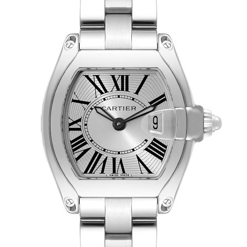 The image shows a frontal view of the Cartier Roadster W62016V3 Women's Stainless Steel Silver Dial W62016V3 Women's Stainless Steel Silver Dial watch, highlighting its dial, date window, hands, and part of its metal bracelet.